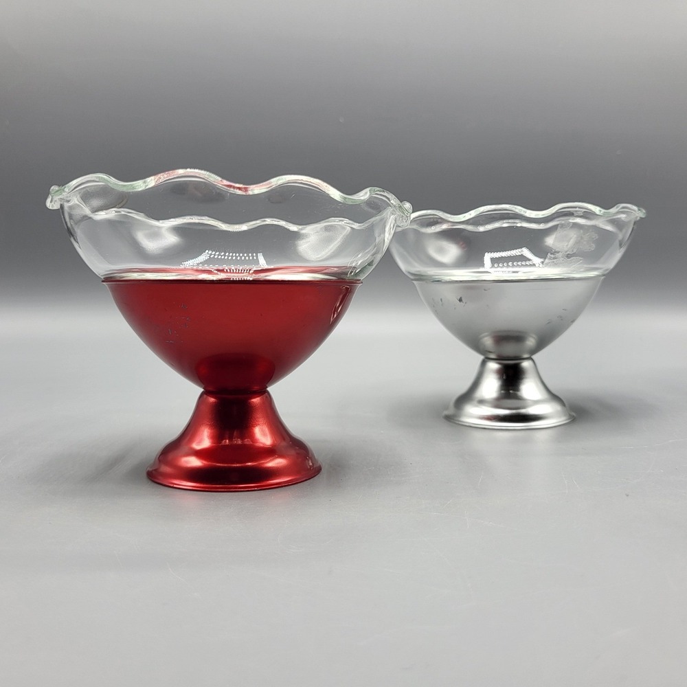 Vtg Colorama Dessert Cup Set Vintage 1950 MCM Anodized Aluminum Glass Red Silver